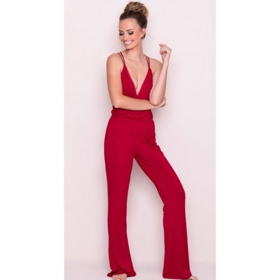 Merry See Kırmızı Dantel İşlemeli Askılı Eşofman Pijama Tulum